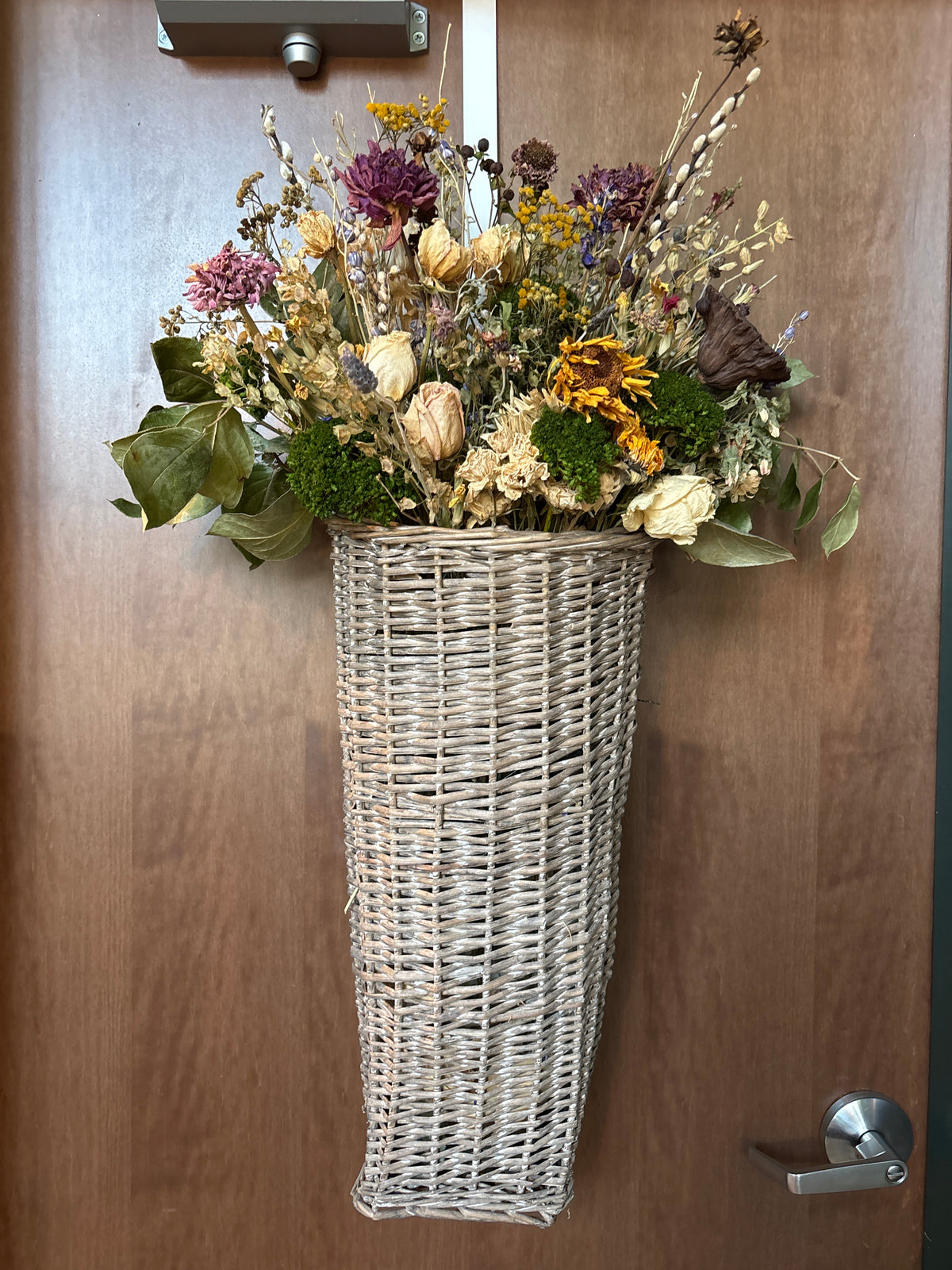 Dried Flower Arrangement in Antique Hanging Flower Basket