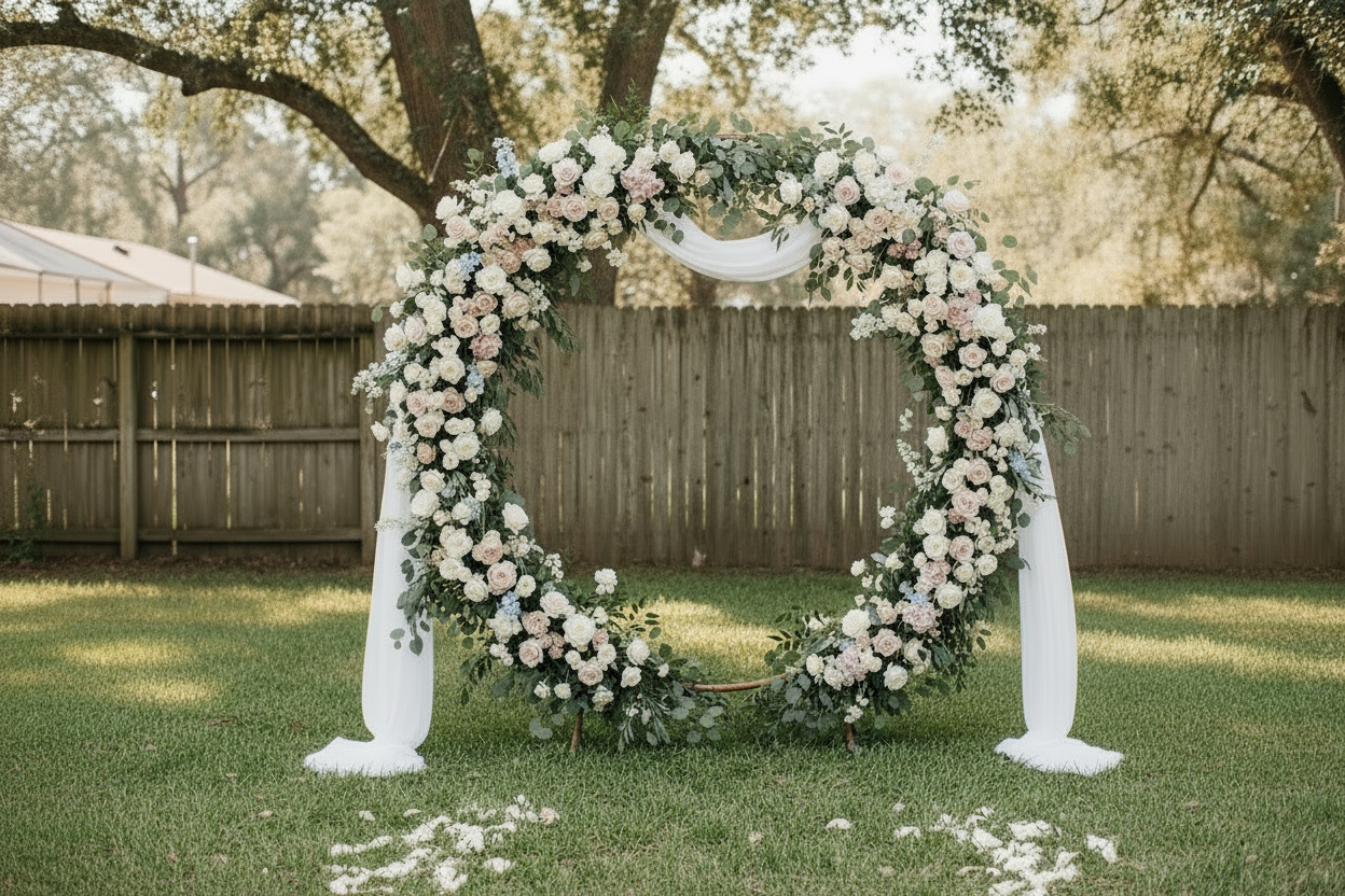 wedding floral arch in simple backyard