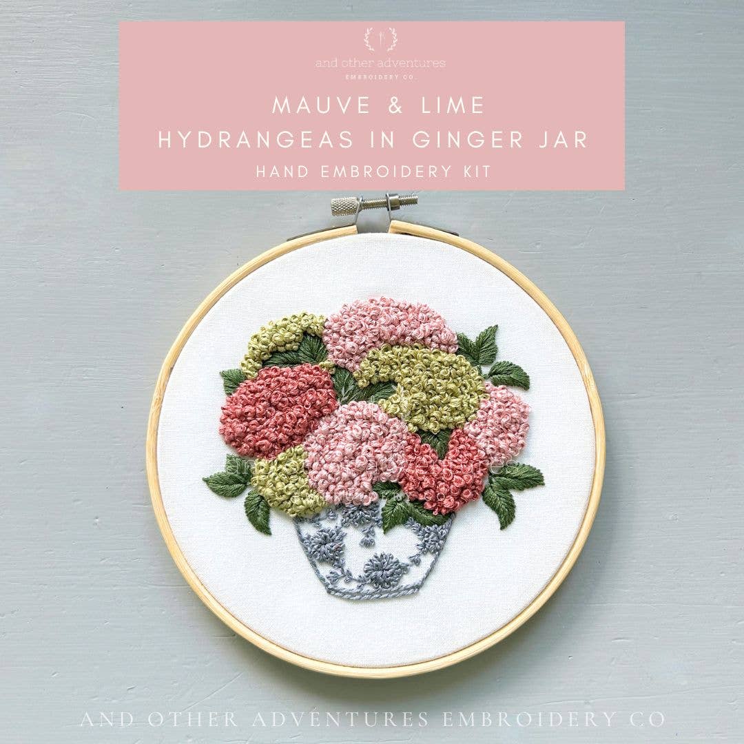Hand Embroidery Kit - Mauve &amp; Lime Hydrangeas in Ginger Jar