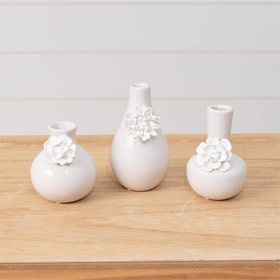 White Bud Vases with Floral Accents Set