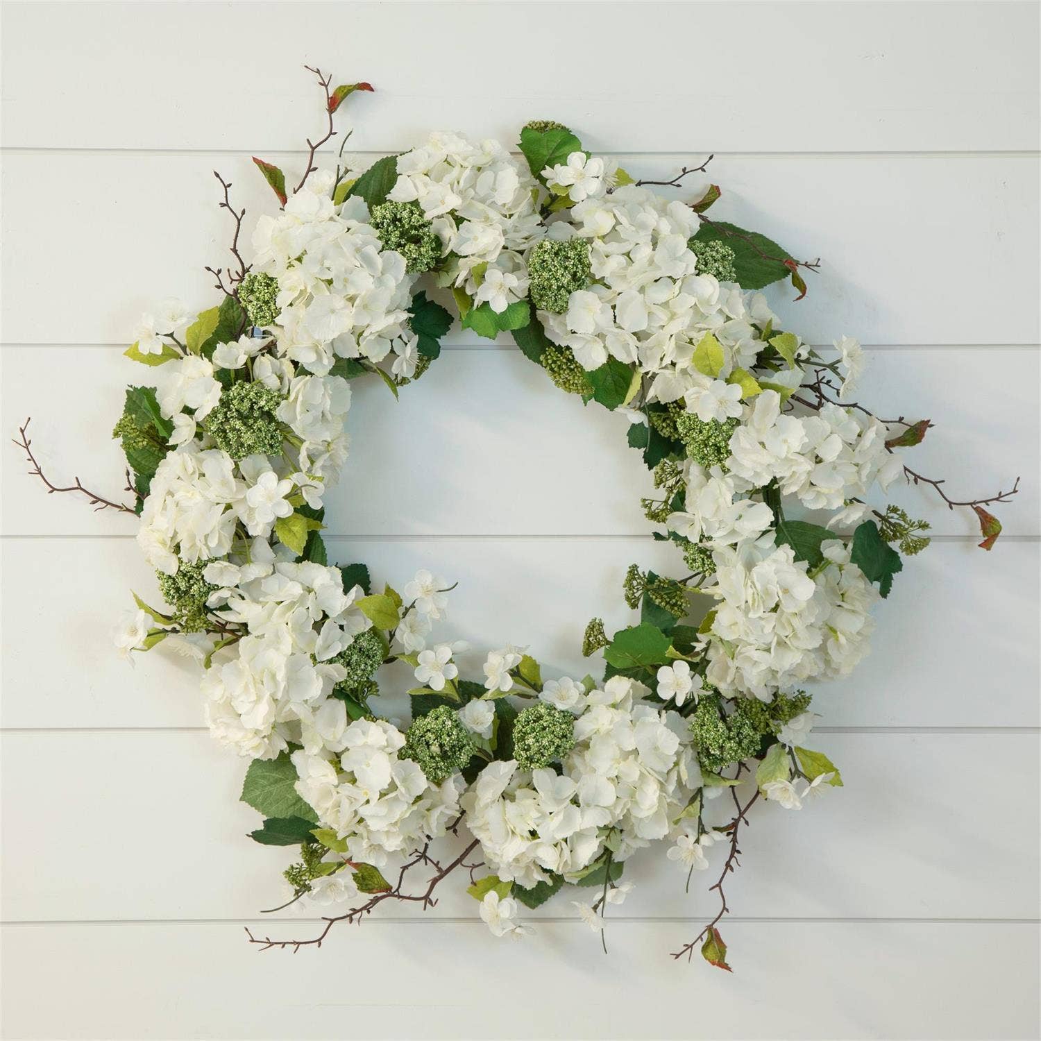 Wreath - White Hydrangea With Mixed Greens, Lg (PC)